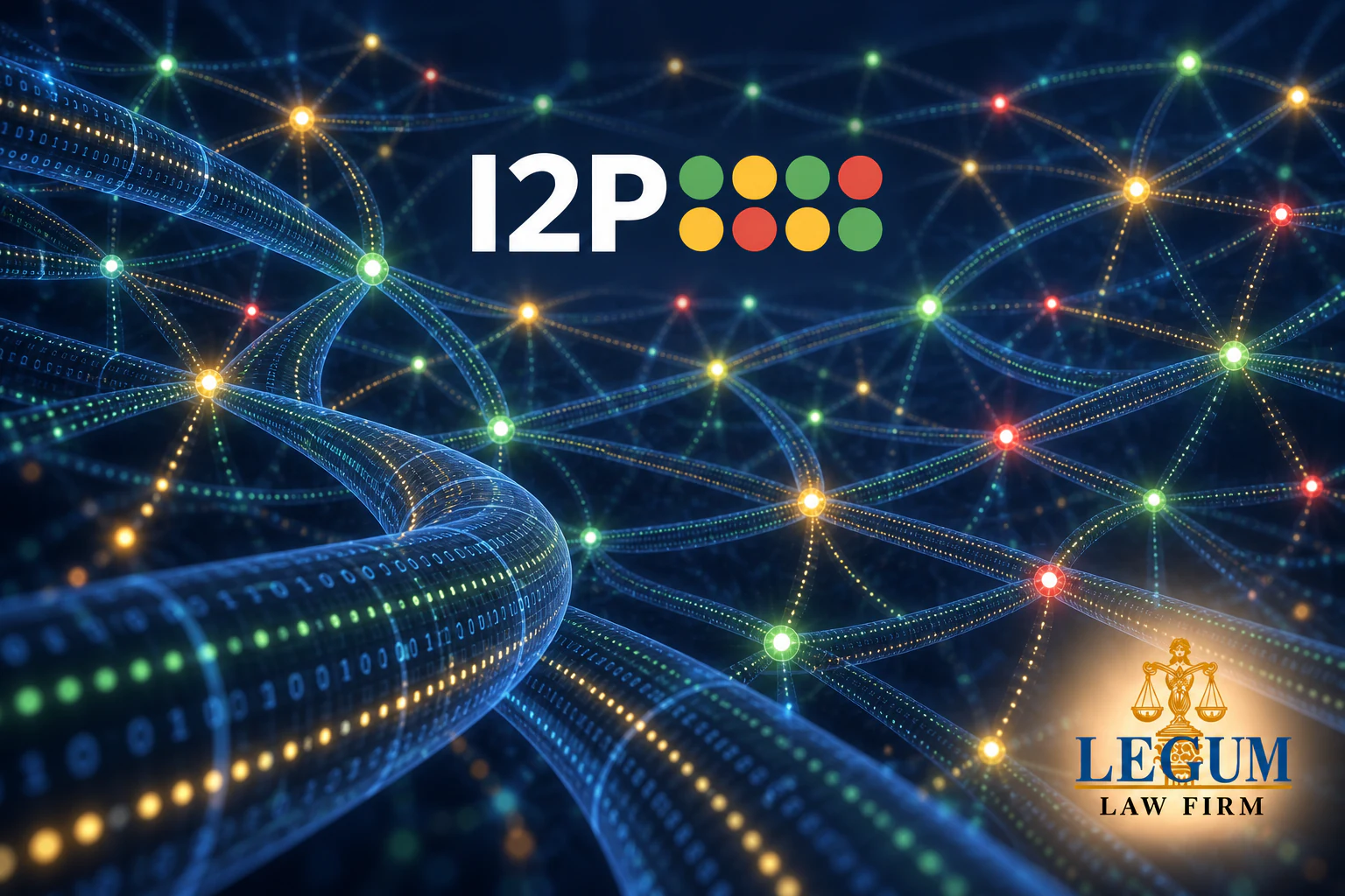 I2P 与 Legum 律师事务所的官方标志,背景为由加密隧道和分布式节点组成的网络。