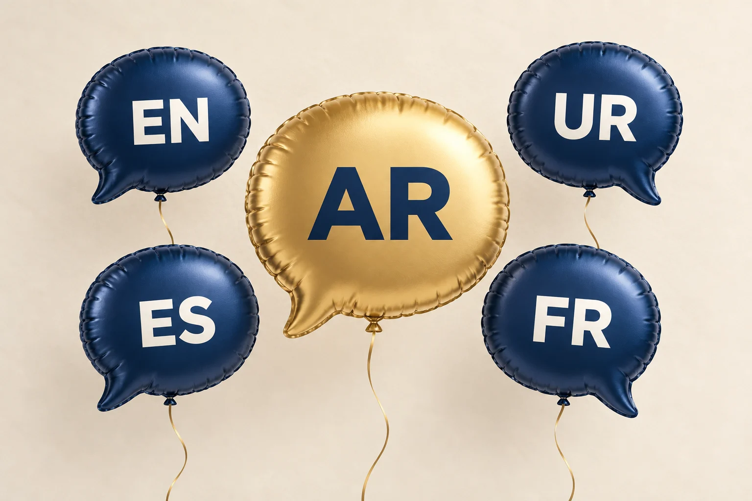标有阿拉伯语代码 AR 的金色对话气泡形气球，周围是标有 EN、UR、ES、FR 的四个深蓝色气球。