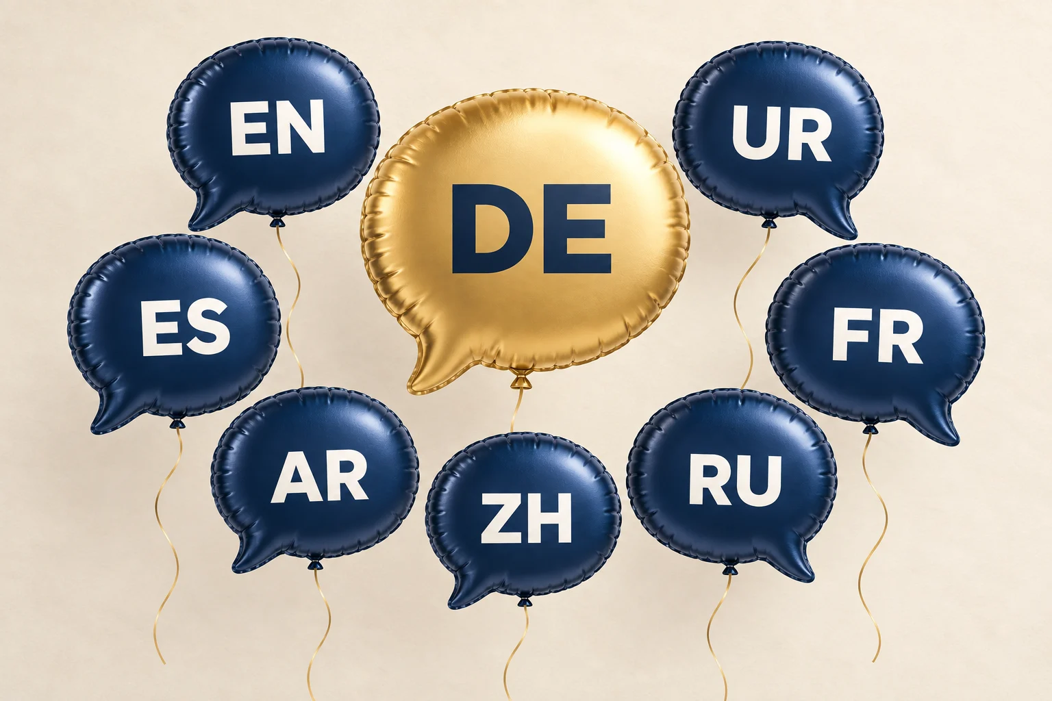 标有德语代码 DE 的金色对话气泡形气球，与标有 EN、UR、ES、FR、AR、ZH、RU 的七个深蓝色气球呈现网站的八种语言。