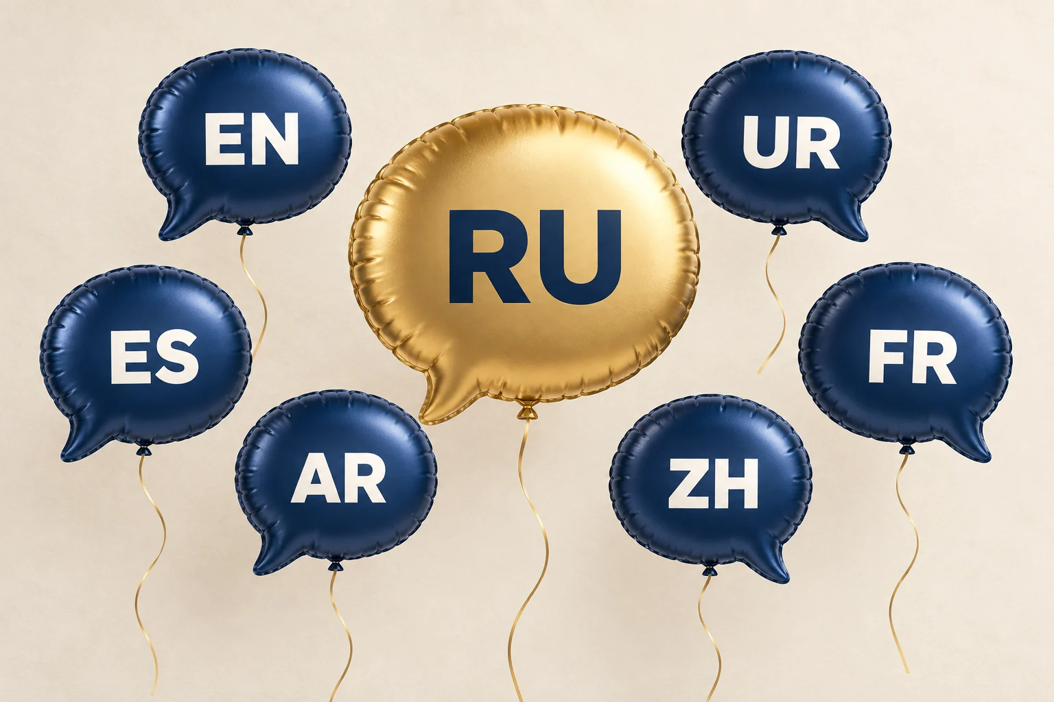 标有俄语代码 RU 的金色对话气泡形气球，周围是标有 EN、UR、ES、FR、AR、ZH 的六个深蓝色气球。