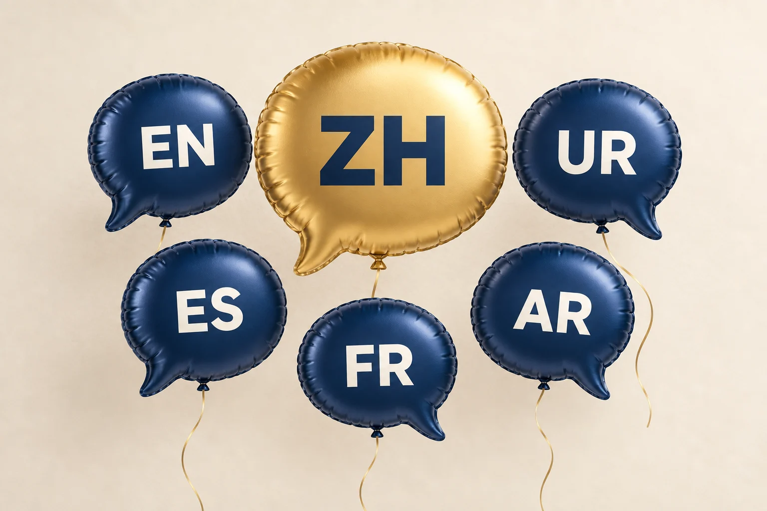 标有简体中文代码 ZH 的金色对话气泡形气球，与标有 EN、UR、ES、FR、AR 的五个深蓝色气球排列在一起。